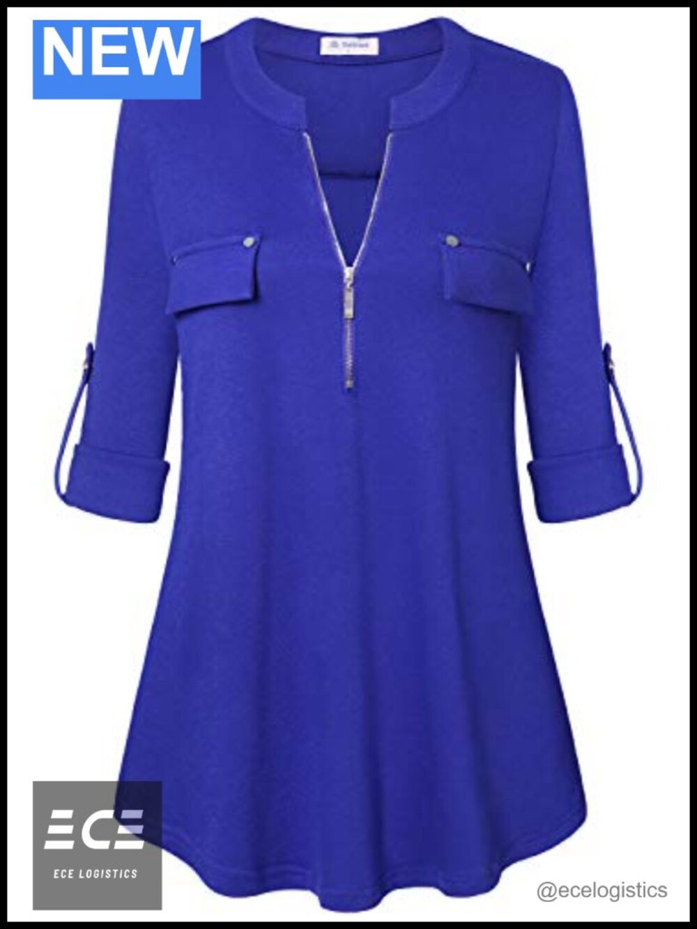Womens 3/4 Sleeve Tunic Blouse V-Neck Half Zip Business Casual Top